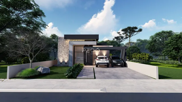 Fachada moderna de uma residência em Lajeado, Brasil, com jardim e paisagismo.