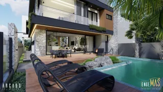 Fachada de uma casa moderna com piscina e área externa em Lajeado.