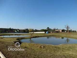 Paisagem de campo com um lago e grama seca.