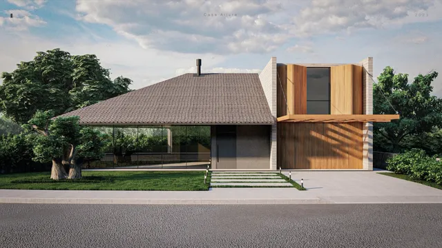 Fachada externa de uma residência moderna com revestimento de madeira e grandes painéis de vidro.