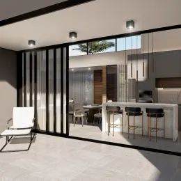Sala de estar moderna com grandes janelas e acabamentos claros.