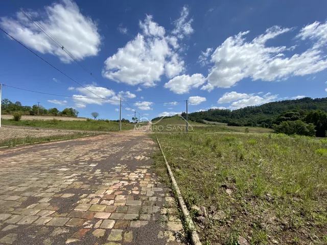Vista de uma estrada pavimentada que leva a um campo aberto com vegetação rasteira.