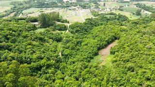 Vista aérea de uma área rural densamente arborizada com terrenos abertos ao fundo.