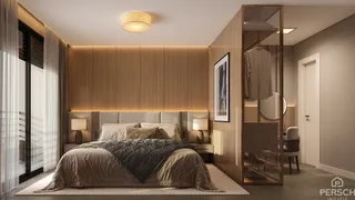 Quarto com cama grande e painéis de madeira.