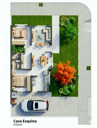 Planta arquitetônica de uma casa com área externa e jardim em Lajeado.