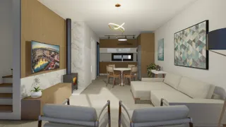 Sala de estar moderna com sofá e lareira em um apartamento no Brasil.