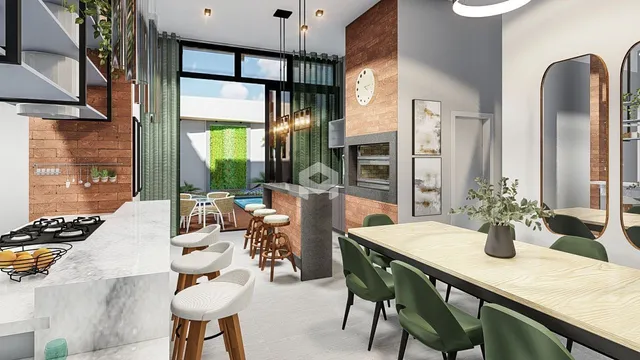 Uma sala de jantar moderna com vista para o exterior de uma residência.