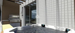 Vista da cozinha e área externa com jacuzzi.