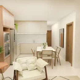 Quarto interno com paredes brancas e armário de madeira.