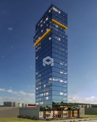 Fachada de um arranha-céu de vidro em Lajeado, Brasil.
