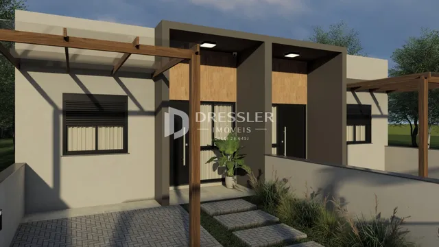 Fachada de uma residência em Lajeado, Brasil, com estrutura de madeira na frente.