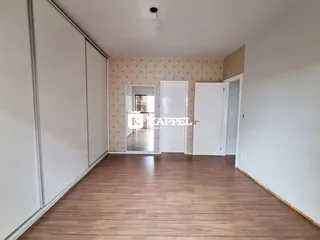 Foto de um corredor interno com armários embutidos e piso de madeira.