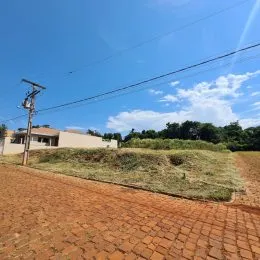 Vista externa de uma área com piso de tijolos e vegetação seca.