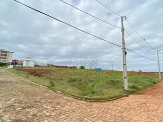 Vista da propriedade com área gramada e estrada no exterior.