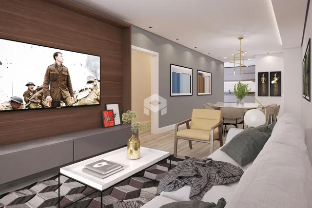Sala de estar moderna com sofá e decoração contemporânea.
