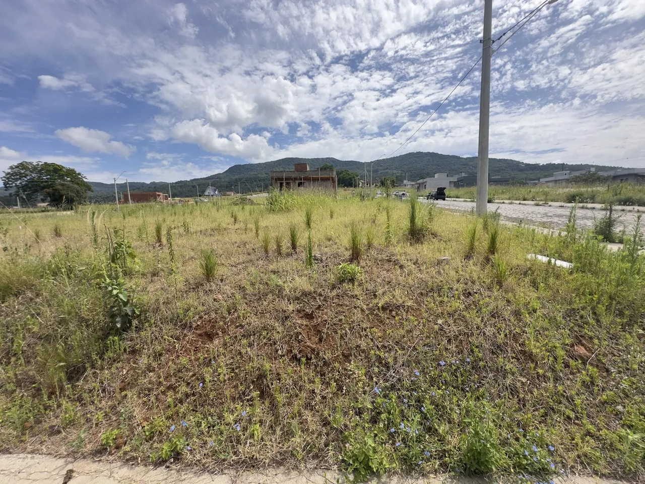 Uma paisagem de campo com vegetação seca e colinas ao fundo é visível na propriedade.