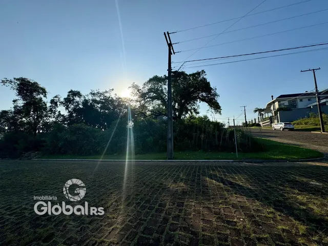 Vista externa de um terreno com vegetação e postes de luz.