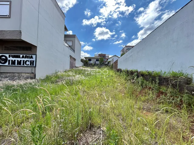 Vista externa de uma propriedade com muro e vegetação alta.