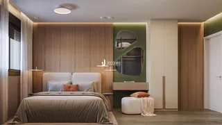 Quarto moderno com cabeceira e armário em um ambiente bem iluminado.