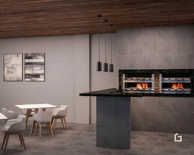 Uma cozinha moderna com ilha e área de jantar em um imóvel.