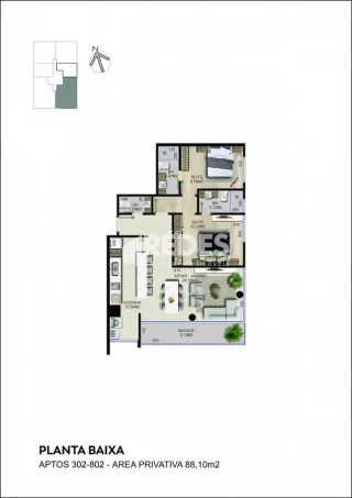Planta baixa do apartamento 302-802 em Lajeado, Brasil.