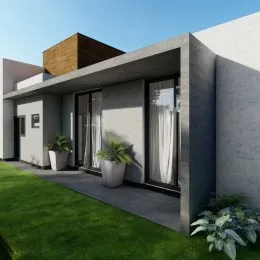 Fachada moderna de uma residência com grandes portas de vidro e gramado em Lajeado, Brasil.