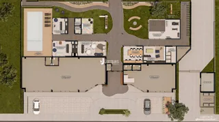 A planta baixa mostra o layout interno e externo de uma residência.