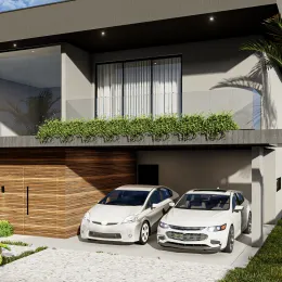 Fachada de uma residência moderna com revestimento de madeira e vegetação em Lajeado, Brasil.