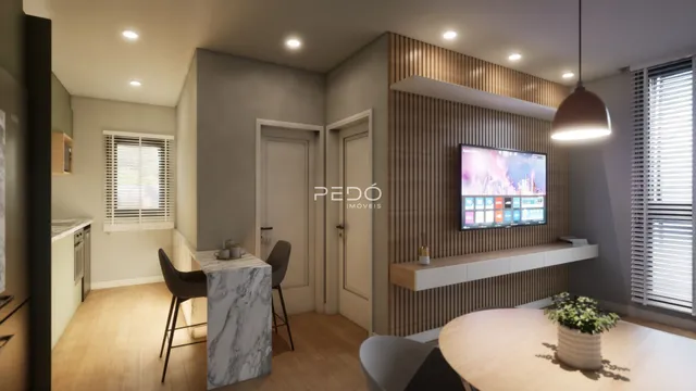 Sala de estar com piso de madeira e decoração moderna.