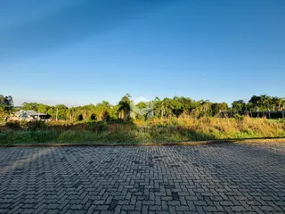 Vista da propriedade com área pavimentada e vegetação ao fundo.