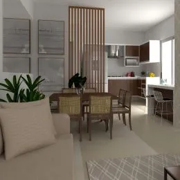 Sala de estar com sofá e mesa de madeira em ambiente interno.