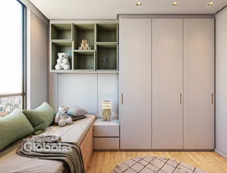 Quarto moderno com guarda-roupa e decoração de madeira.