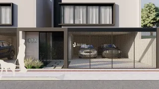Fachada moderna de uma residência com portão de ferro e janela grande.
