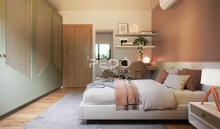 Quarto com cama e armário de madeira em um imóvel.