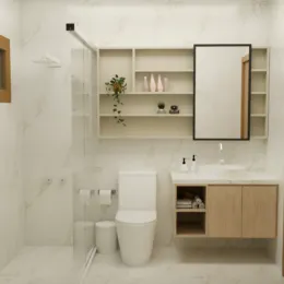 Banheiro com revestimento branco e bancada de apoio.