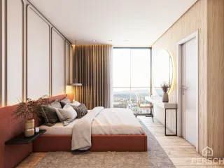 Quarto com cama grande e janela com vista para a cidade.