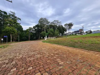 Vista externa de uma área pavimentada e gramada com árvores ao fundo.