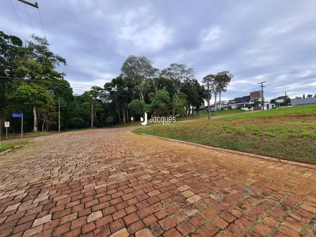 Vista externa de uma área pavimentada e gramada com árvores ao fundo.