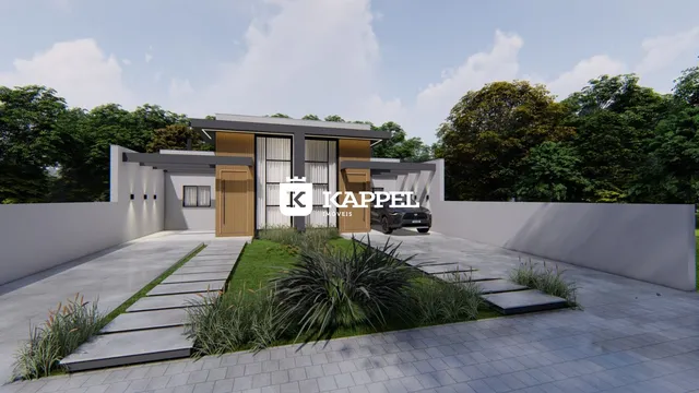 Fachada moderna de uma residência com revestimento em madeira e paisagismo.