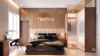 Quarto com cabeceira de madeira e iluminação moderna.