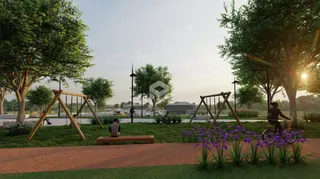Uma paisagem externa com árvores e um playground de madeira em um jardim.