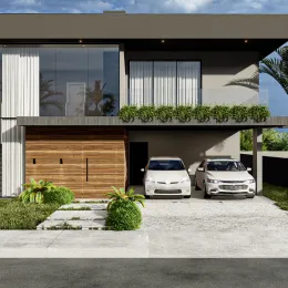 Fachada de uma residência moderna com grandes janelas e porta de madeira em Lajeado, Brasil.