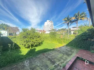 Vista externa de uma propriedade com vegetação densa no jardim.