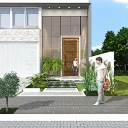 Fachada moderna de uma residência em Lajeado, Brasil, com garagem e jardim frontal.