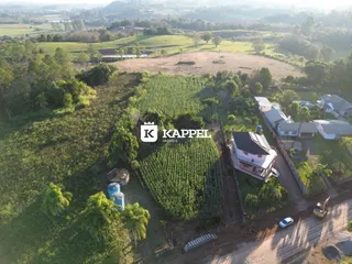 Vista aérea mostrando uma propriedade com vinhas e áreas verdes no entorno.