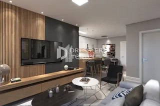 Sala de estar moderna com painéis de madeira e televisão.