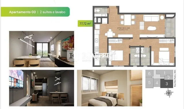 Planta baixa de um apartamento com 2 suítes e lavabo.