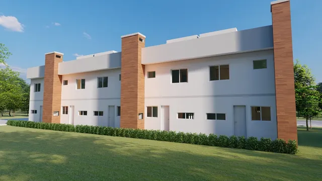 Fachada de uma casa moderna com paredes brancas e detalhes em tijolo aparente.