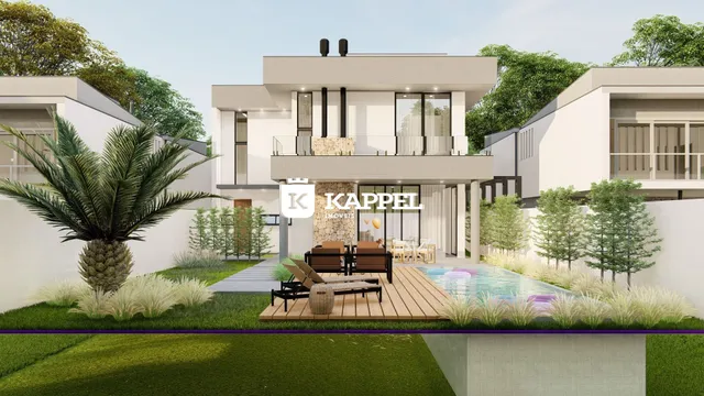 Vista externa de uma casa moderna com piscina e jardim em Lajeado.