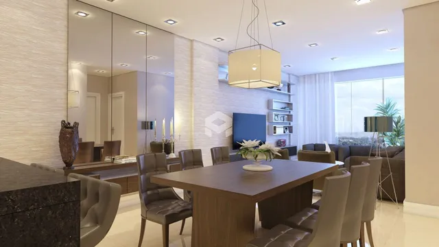 Sala de estar moderna com mesa de jantar e grandes janelas.